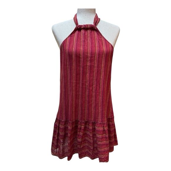 BCBG Next Generation Red  Stripe‎  Linen Blend Boho  Summer Halter Dress Size XS - Picture 1 of 7